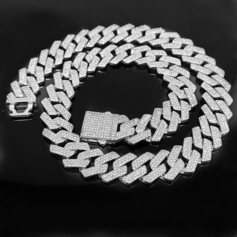 HipHop Men Women 14MM Prong Link Chain Necklace Bling Iced Out 2 Row Rhinestone Paved Miami Rhombus Cuban Bracelet Jewelry