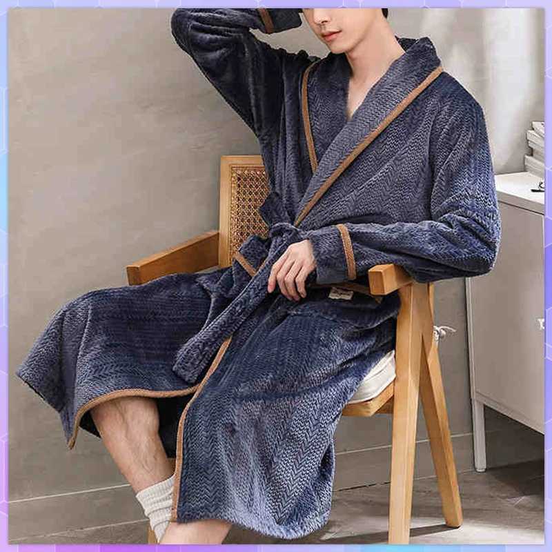 Large Size 3Xl Flannel Warm Robe Kimono Mens Bathrobe Gown Winter Coral Fleece Sleepwear Nightwear Loose Thickened Home Wear C251104