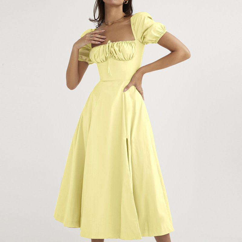 French dress for spring and summer of 2023 womens slimming commuter bubble sleeve lace-up slit long skirt