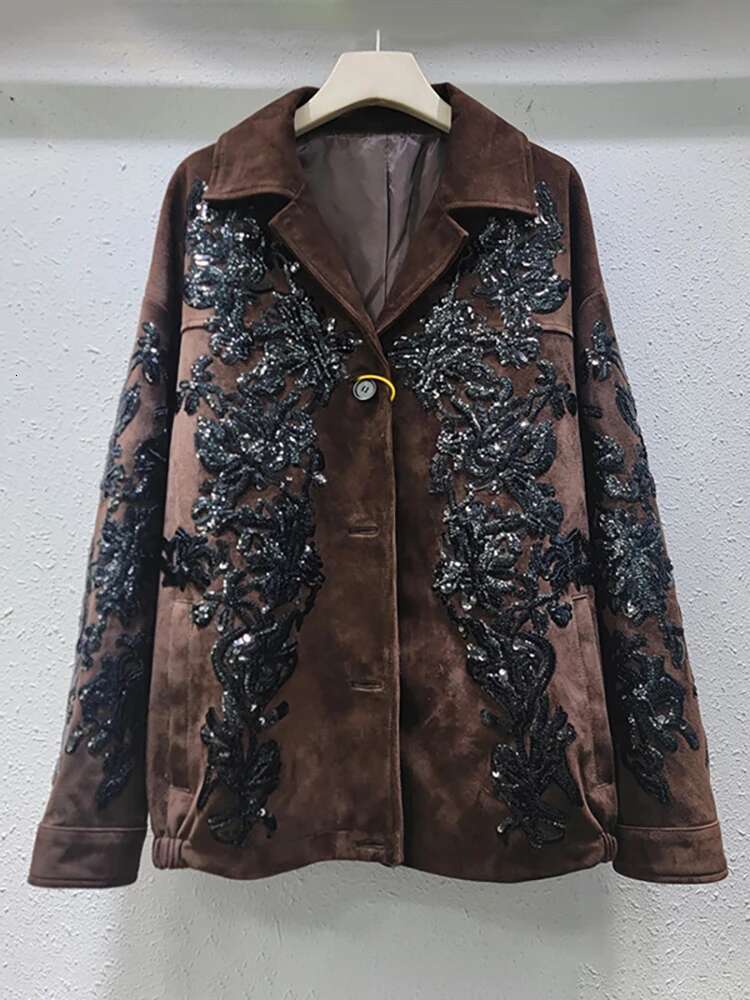 Women's Blazer Notched Collar Embroidery Sequins Brown Faux Suede Vintage Suit Jackets 2025 New Fashion Spring