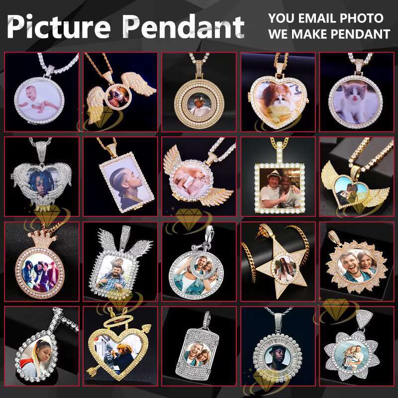 Hip Hop Anniversary Gifts Picture Pendant Tennis Chain Ice Moissanite 925 Silver Heart Shape Memorial Photo Pendant Necklace