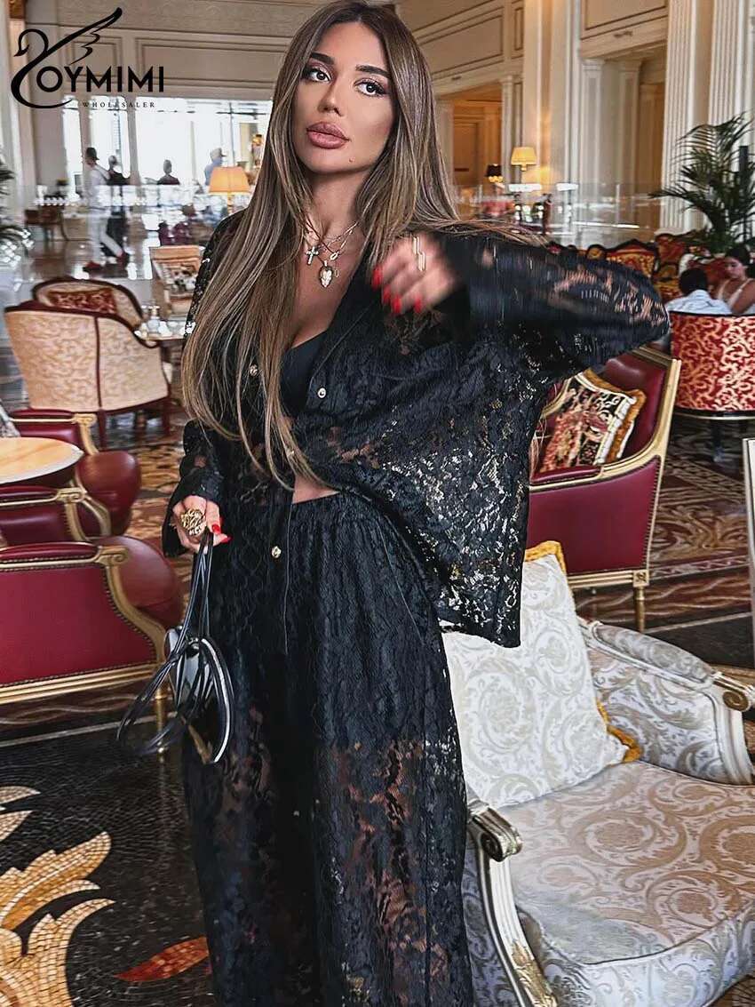 Oymimi Summer Pink Perspective Womens 2 Piece Casual Long Sleeve Button Shirts And High Waist Straight Trousers Female Sets