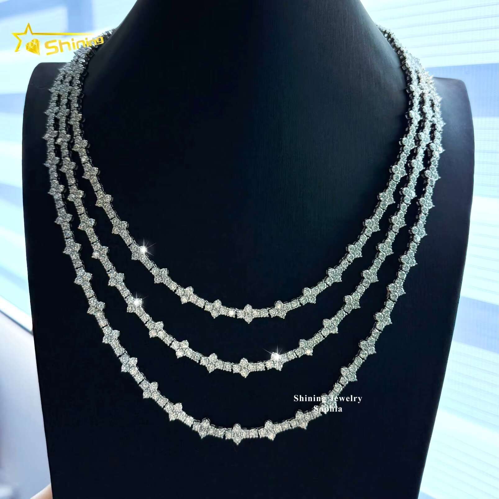 Hot Selling Hip Hop Moissanite Chokers Necklace S925 Silver Gold Plated 3mm VVS Moissanite Cross Tennis Chain