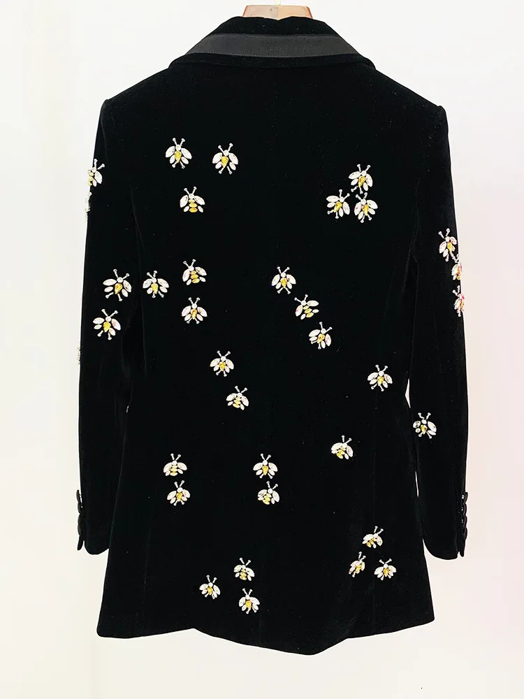Black Velvet Blazer WomenDiamond Studded Pearl Bee Jacket for Party Wedding Wear Slim Fit Bee Diamond Studded Velvet Suits Coat 251029