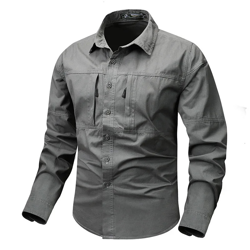 Retro workwear mens long sleeved shirt pocket n casual button up suitable for outdoor spring and autumn 250403e