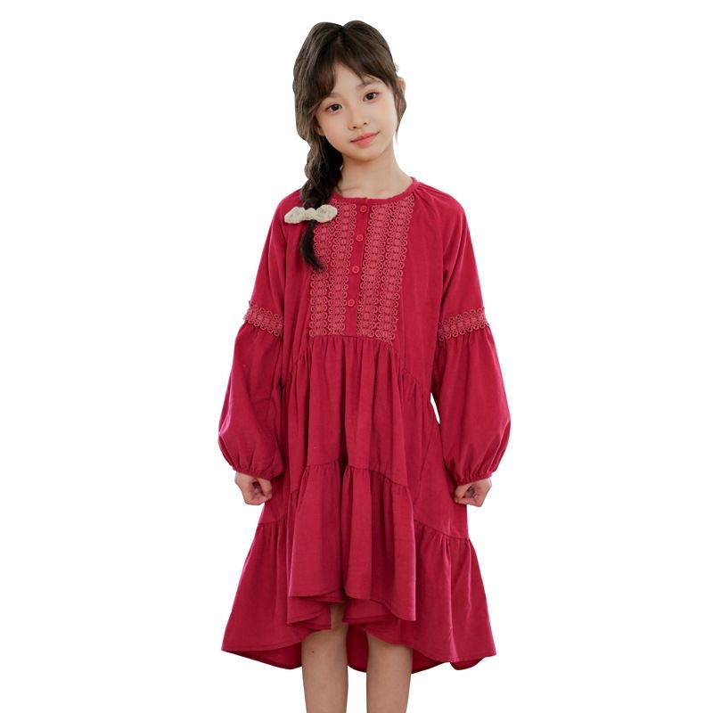 D633 Girls' Dress 2024 Autumn/Winter Korean Style Corduroy Cake Dress Lantern Sleeve Christmas/New Year Dress for Medium and Large Children