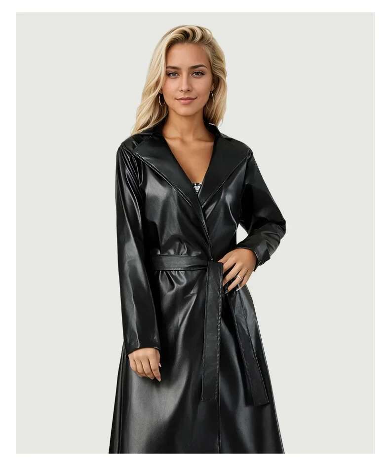 2024 Women Shiny Faux Leather Tie Up Turn-Down Collar Trench Coat Ladies Chic Solid Color PU Overcoat Casual Entertainment New