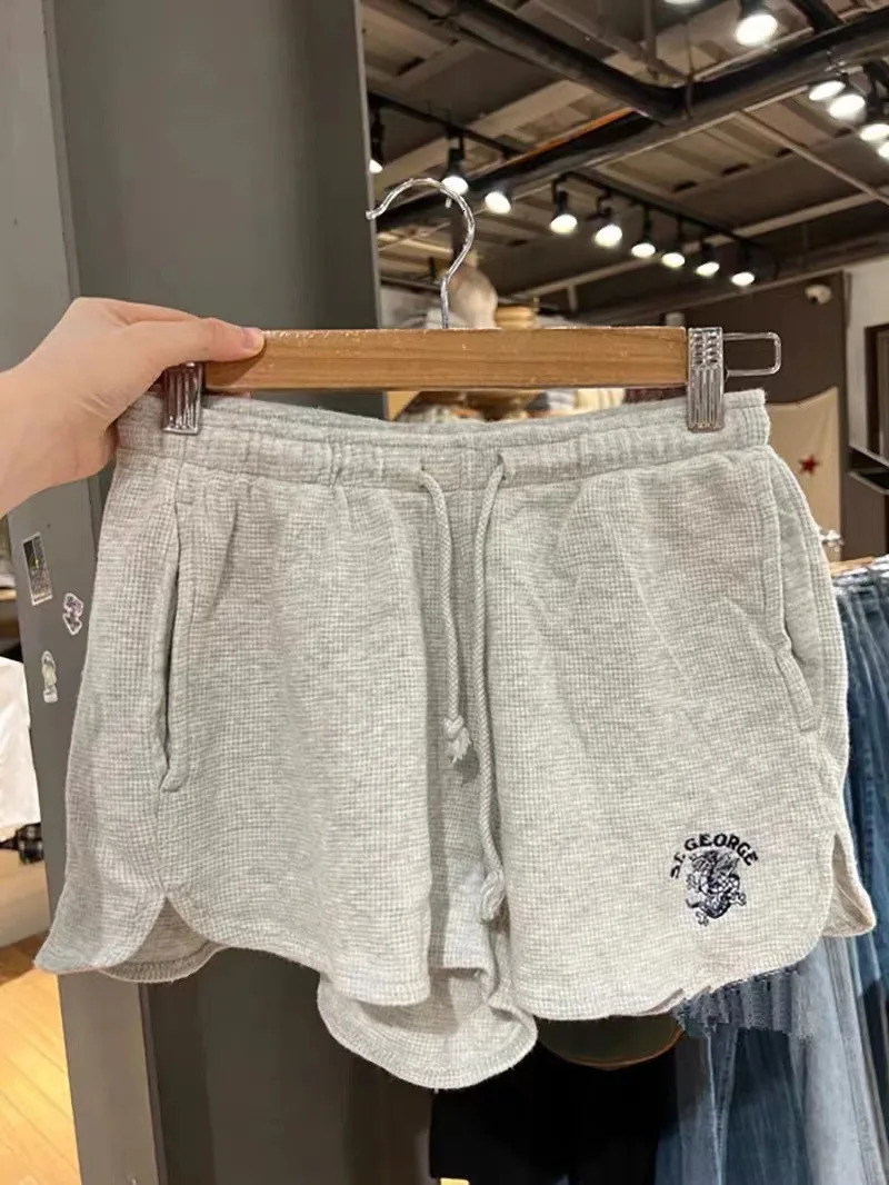 Women Waffle lattice Letter Embroidery Drawstring Sweatshorts Low Waist Raw Hem Loose Straight Shorts Casual Y2k Short Pants 250403