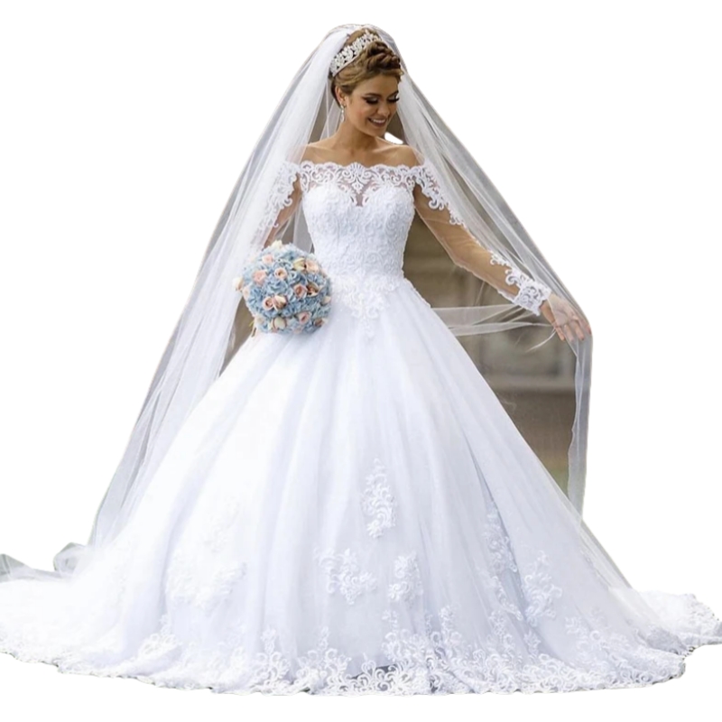 Long Sleeves Princess Wedding Dresses Lace Appliques Chapel Train Bridal Gown Elegant White Vestido De Novia 2025