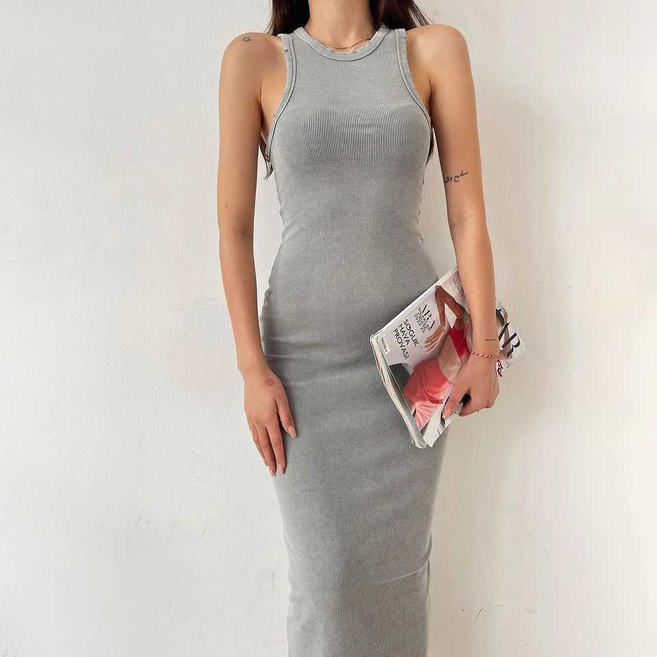 2024 New Solid Basic Vintage Slveless Ribbed Bodycon Womens Summer Knit Dress Casual Sexy Slim Hip-cover Midi Dress For Women X2504031