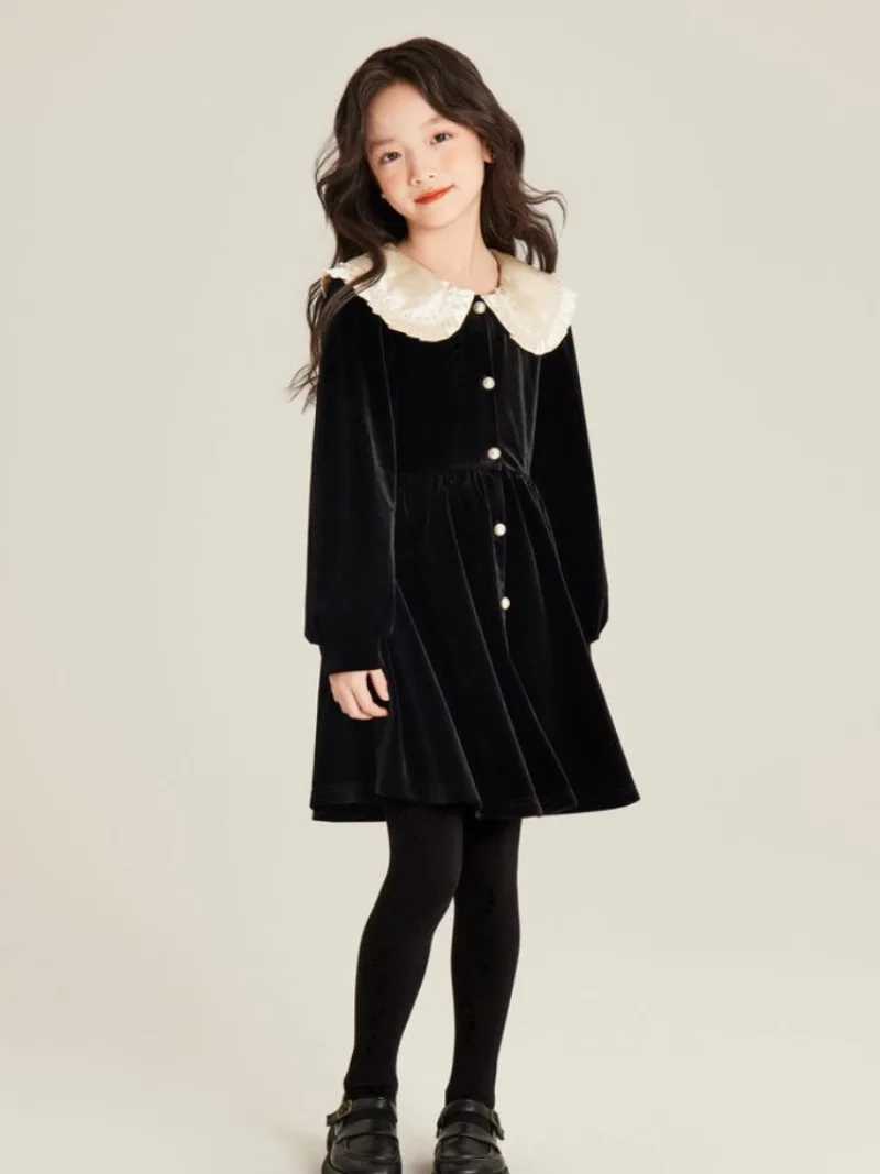 Girls Autumn/Winter High-end Fleece-lined Velvet Elegant Black Princess Gown Dress - 4-12 Years Old C251104