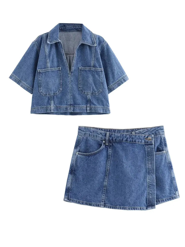 Summer denim two-piece set short sleeved pocket womens top mini skirt shorts fashionable casual womens two-piece set Y2K 250402