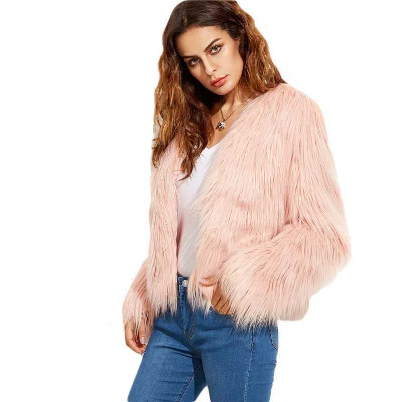 KIDCRKJ Winter Women Faux Fur Coat Round Neck Pink Thick Mink Fur Jacket For Lady Long Detailed Hair Eco Fur Outwear For Female J251103