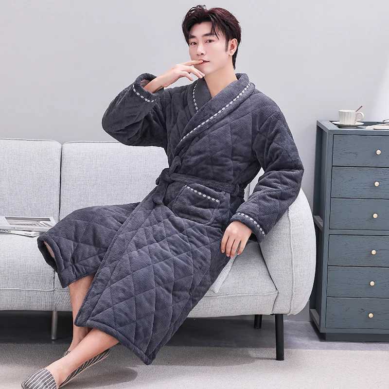 L-5XL Thick 3 Layers Keep Warm Winter Bathrobe Men Soft Coral Fleece Quilted Long Kimono Bath Robe Male Dressing Gown For Mens C251104