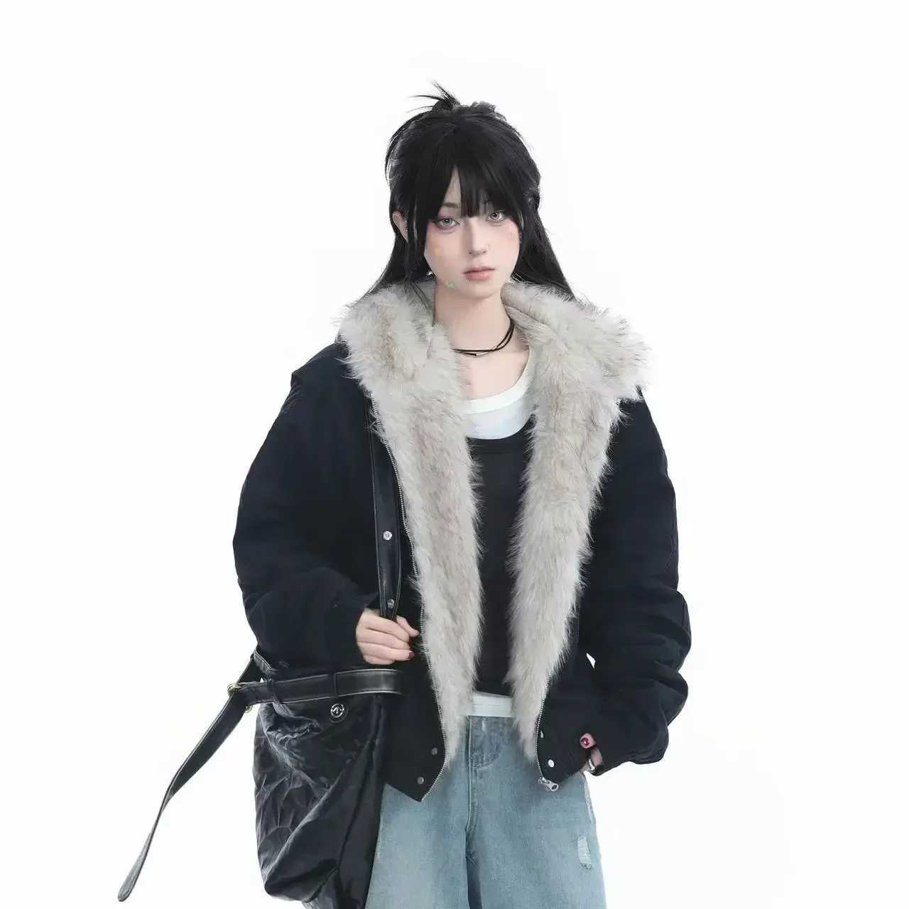 Winter American Retro Fur Collar Women Padded Hooded CottonPadded Jacket Plush Casual Street Gothic Harajuku Oversize Coat J2511031