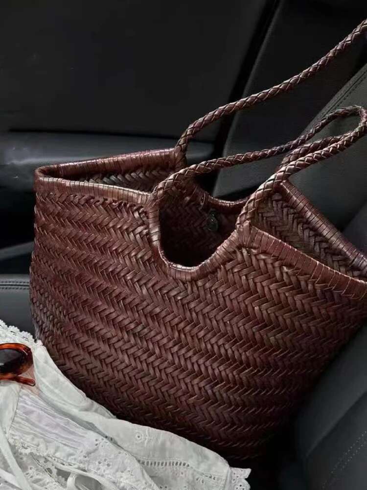 New For Women's Spring And Summer French Retro Tote Bag Genuine Leather Braided Vegetable Basket Ins Style Irregular Shoulde