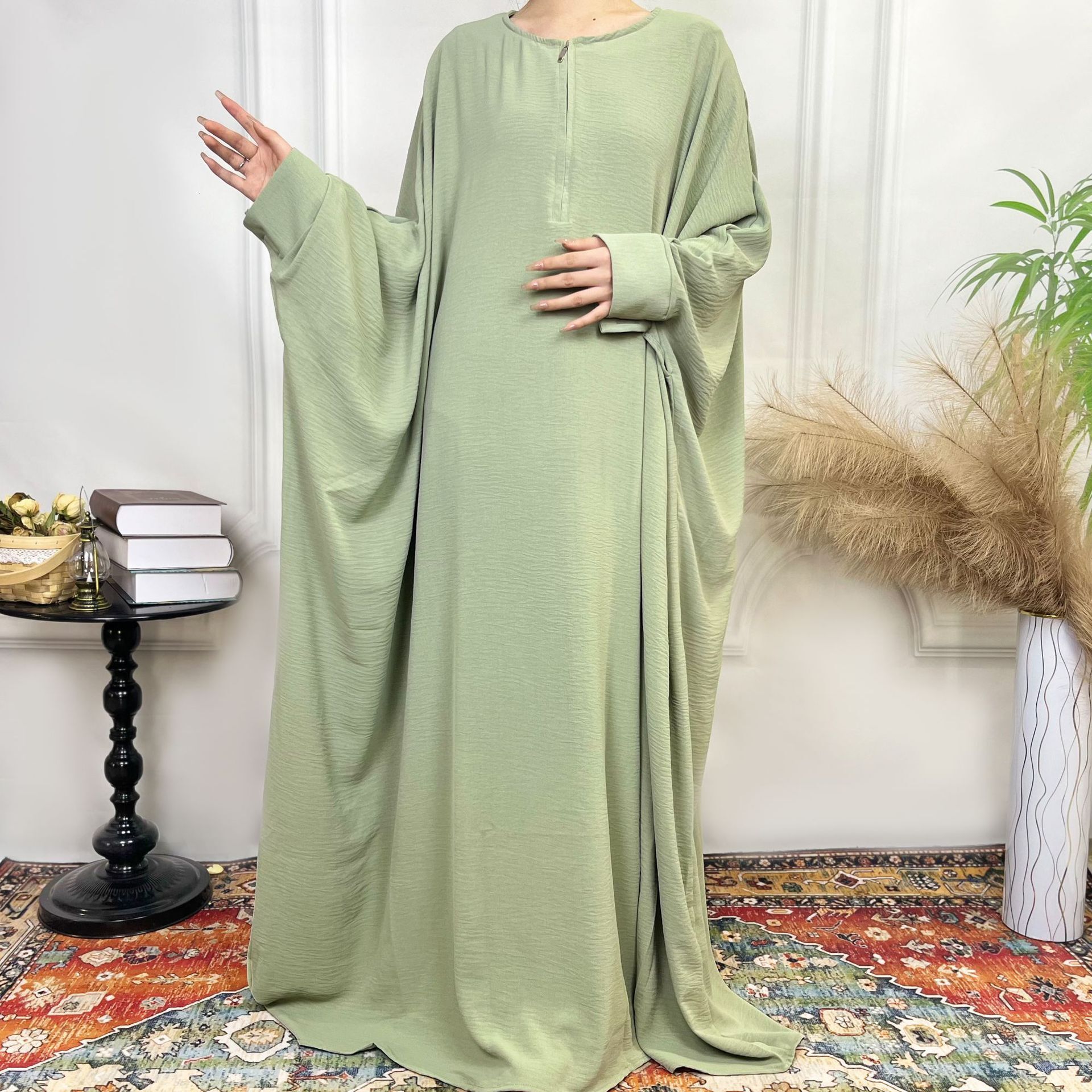 Fashion Solid Color Bat Sleeve Robe Zipper Adhesive Button Integrated Women's Dress Abaya Maxi Dresses Islamic Clothing