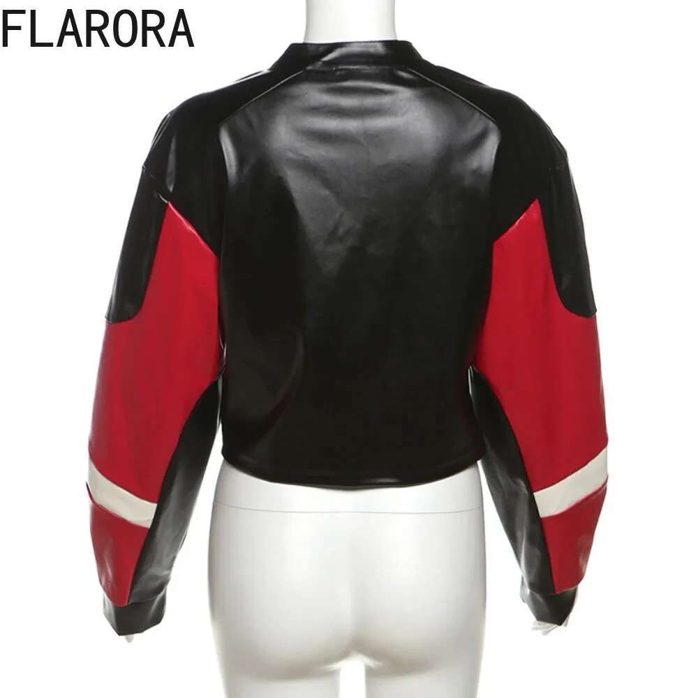 FLARORA Black Pu Leather Patchwork Jackets Woman Long Sleeve Zipper Crop Coats Fashion Y2k Streetwear Motorcycle Jacket 2025 New