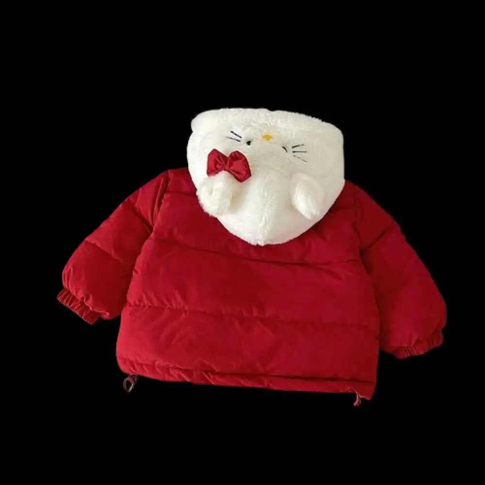 Sanrio Hello Kitty New Cute Red Coat Girls Autumn Winter College Style Cotton Jacket Plush Hooded Y2K Japanese Style Zipper Tops H251104