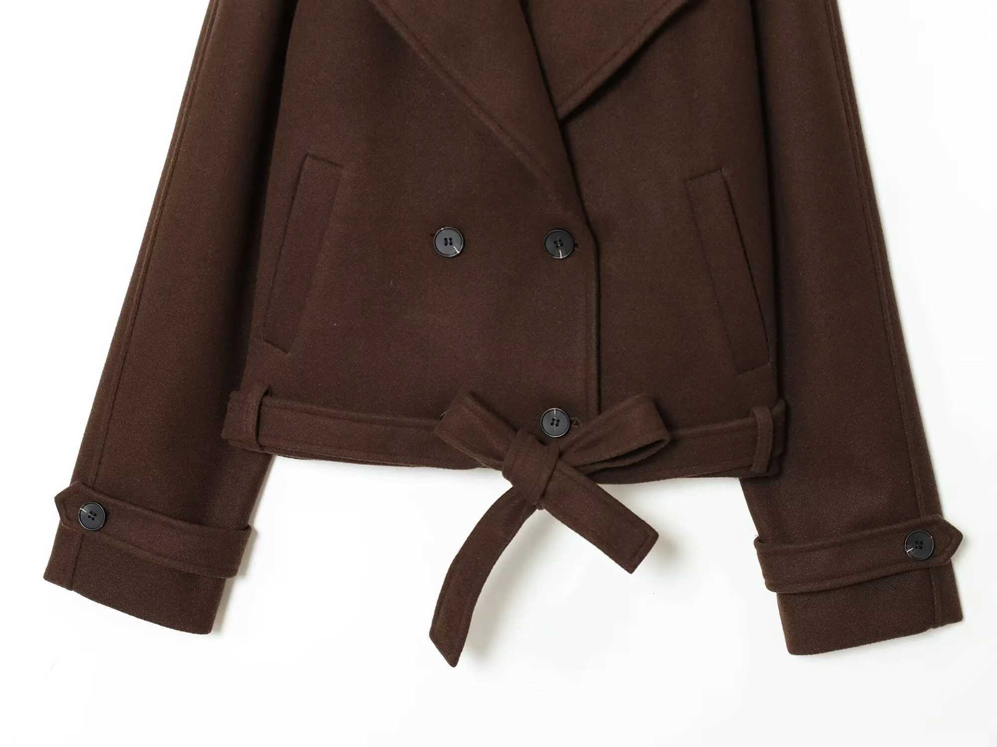 2025 autumn new womens casual style simple double breasted bow tie waist cinched suit collar short long sleeved jacket J2511031