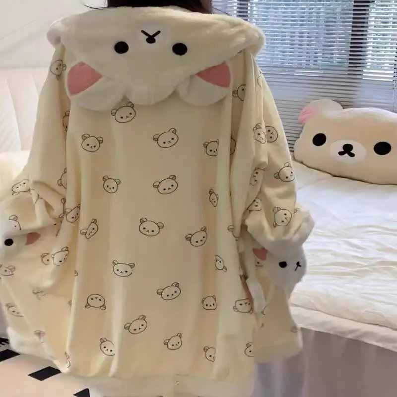Fashion Cute Rilakkuma Cartoon Thick Robe Coral Flannel Hooded Pajamas Soft Comfortable Warm Autumn Winter Home Clothes Practical Gifts Y251104