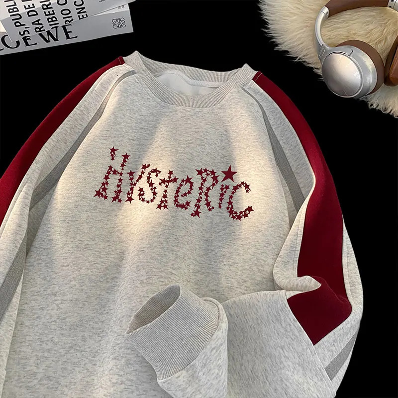 Mens Streetwear Hip Hop Colorblock Sweatshirt Loose Long Sleeve Casual Pullover Round Neck Sweatshirts 250321