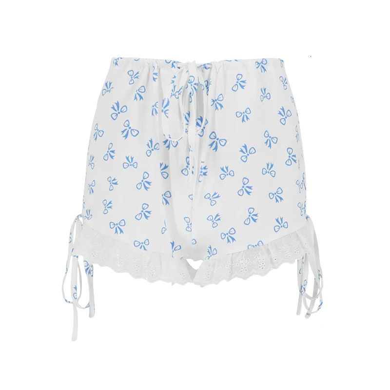 Womens Blue Summer Sweet Fashion Bandage Printed Bow Pants Sexy Club Casual Ultra Thin Party Edition Knitted Shorts 250401