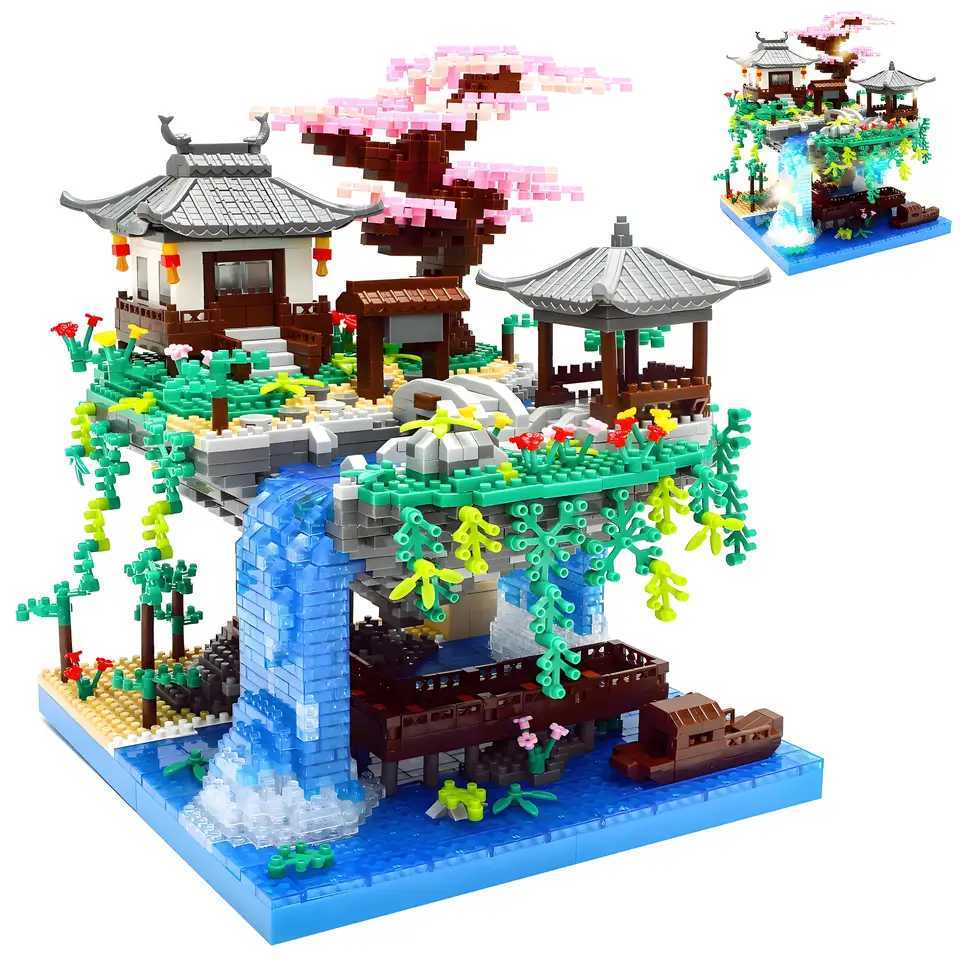 Peach Blossom Lake Building Blocks Micro Building Set Tranquil Garden with Flowers and Lights A Floating Architecture Model C251104