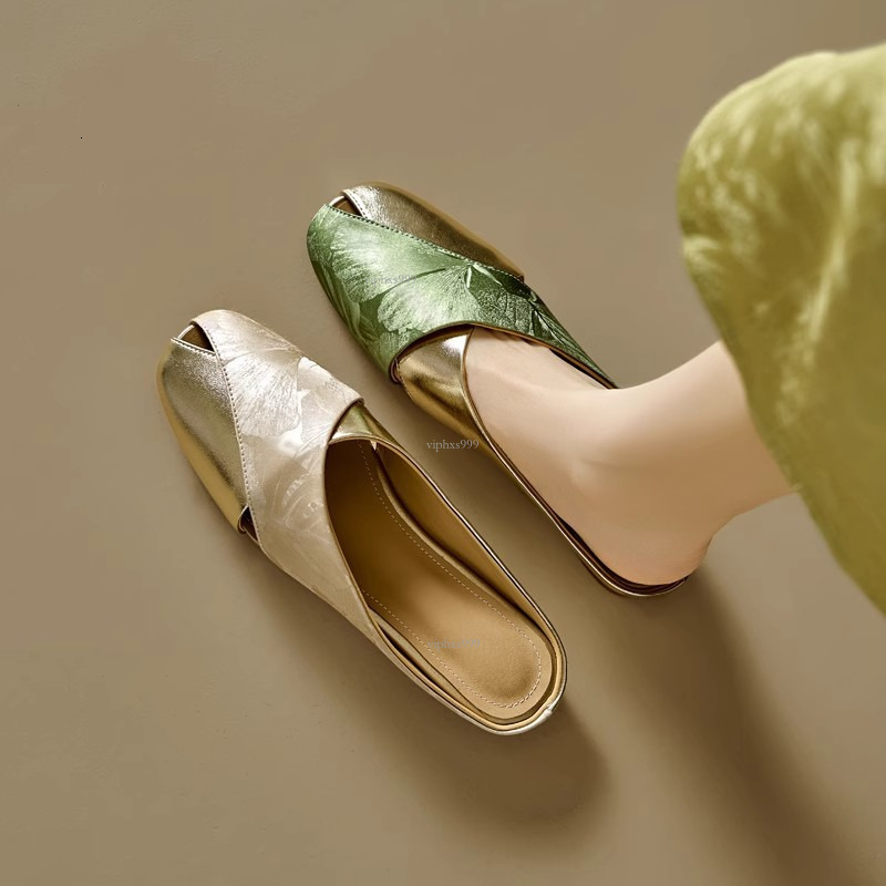 New Designer Sandals With Free Semi Dragged Women's Summer Soft Leather National Style Printed Color Blocked Square Head Hollow Flat Bottom Lazy 