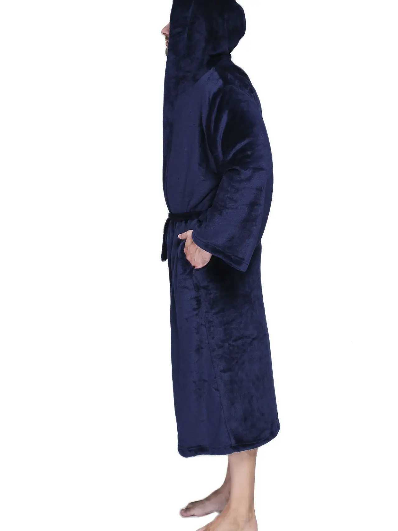 Mens Autumn Winter Warm Plus Size Hooded Long Flannel Fleece Bathrobe Male Black Jacquard Sexy Cozy Robes Night Sleepwear Gown C251104