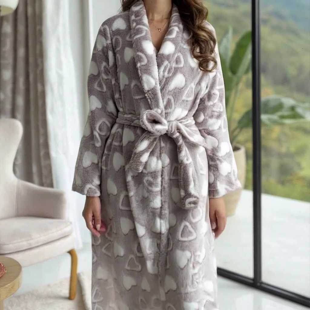 Womens Thick Flannel Bathrobe Heart Print Long Sleeve Fuzzy Plush Shawl Collar Bath Robe with Belt C251104