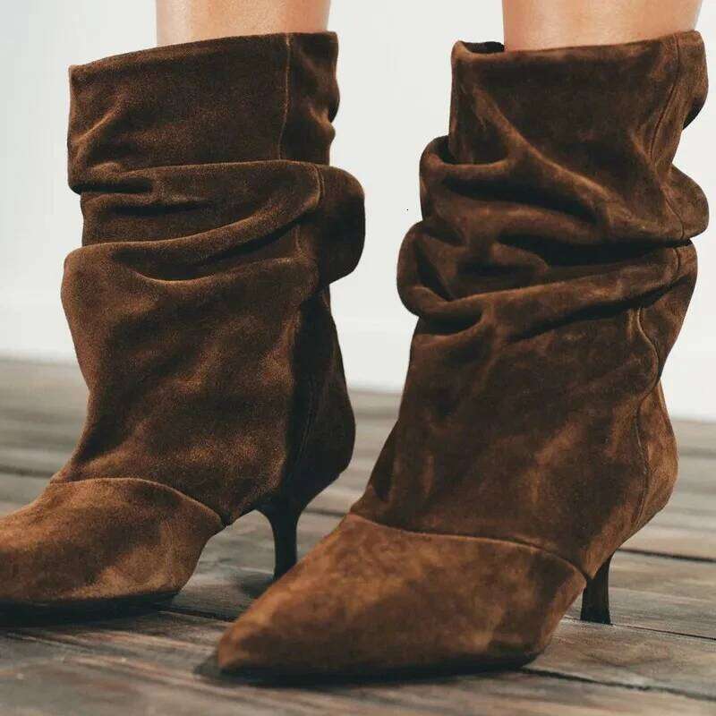 Suede Winter Women High Pointed-Toe Pleated Short Female Brown Retro Elegant Designer Ankle Boots Bottes Femmes