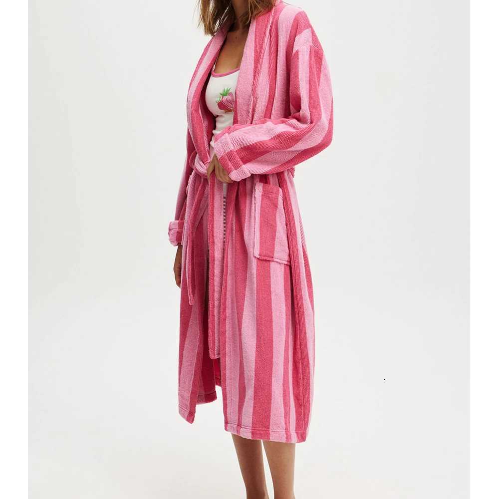 Womens Autumn Winter Shawl Robe Plush Striped Bathrobe with Pockets Long Sleeve Knee Length Nightgown Sleepwear Robes Loungewear C251104