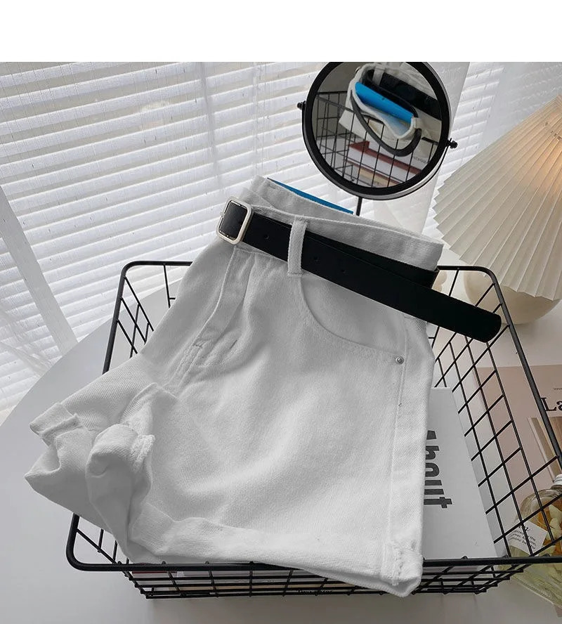 Korean denim shorts with belt womens casual fashion summer wide leg high waisted jeans Y2K pants streetwear 250401