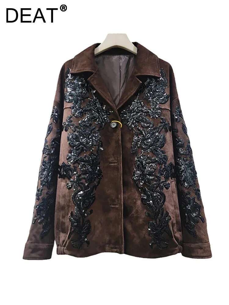 Women's Blazer Notched Collar Embroidery Sequins Brown Faux Suede Vintage Suit Jackets 2025 New Fashion Spring