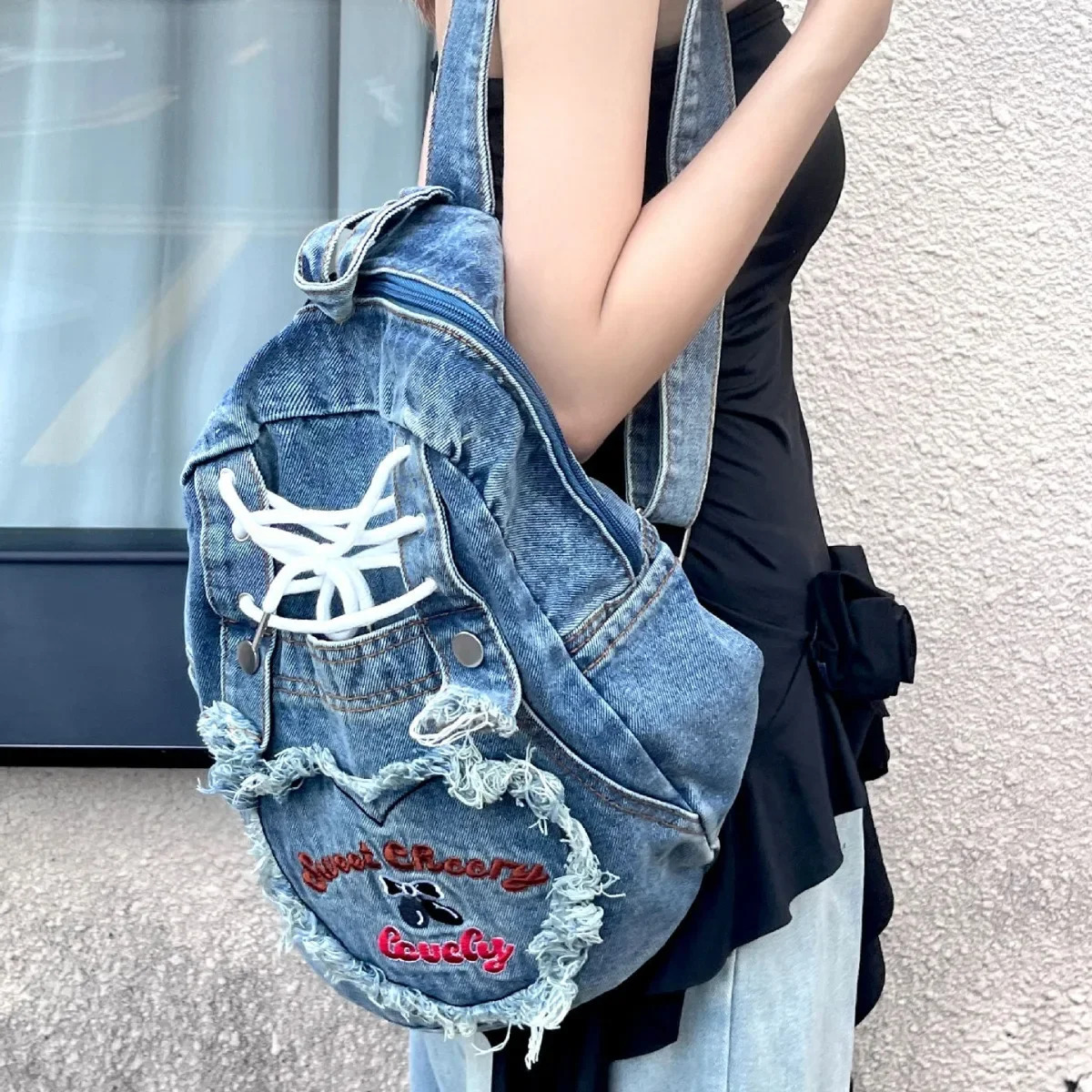 Cute Pink Denim Women Backpacks Large capacity shoulder Bags Girls School Embroidered letters daypacks Travel Jean Bagpack y251104