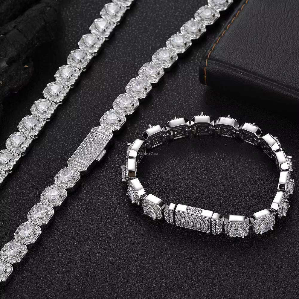 Hip Hop Streetwear Tennis Chain Necklace Zircon Bracelet Men's & Women's Clasp Moissanite Set for Spring