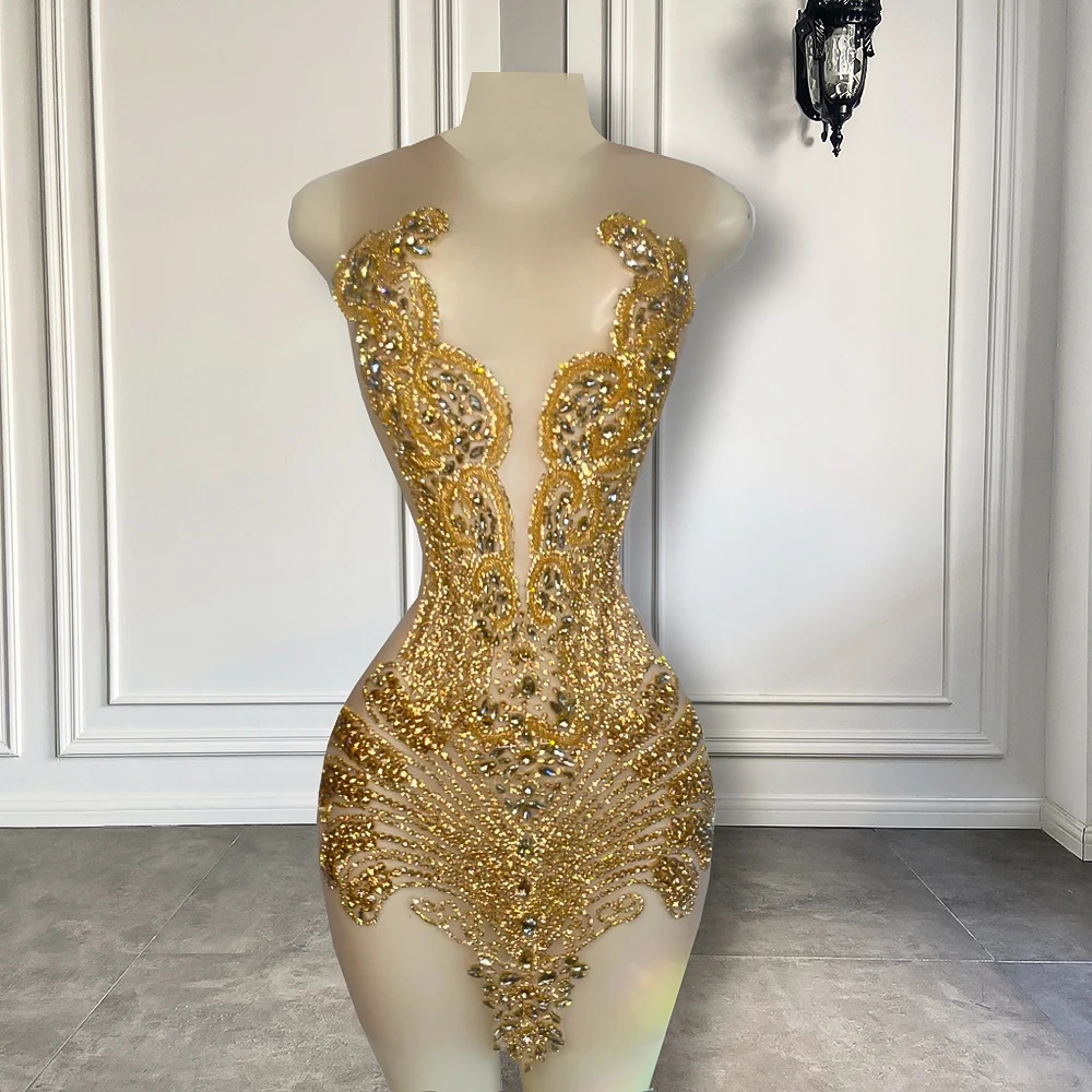 Sexy Sheer See Through Black Girl Short Ball Dress Gold Diamond Beaded Crystal Womens Cocktail Party 250403