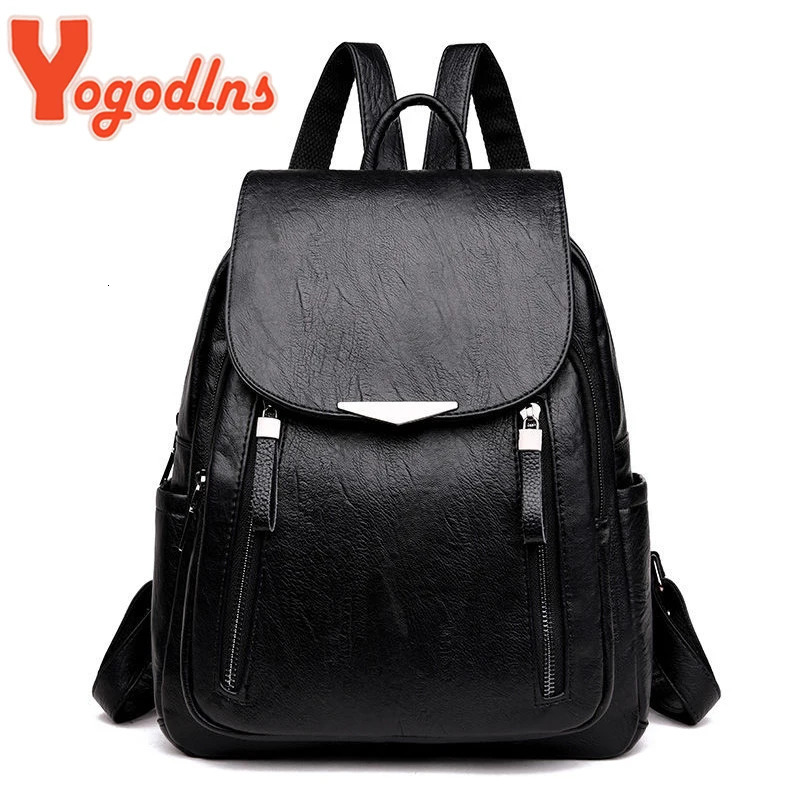 Yogodlns Backpack For Women Soft PU Leather Backpack Travel Large Capacity School Bag Double Zipper Business Knapsack251104ww