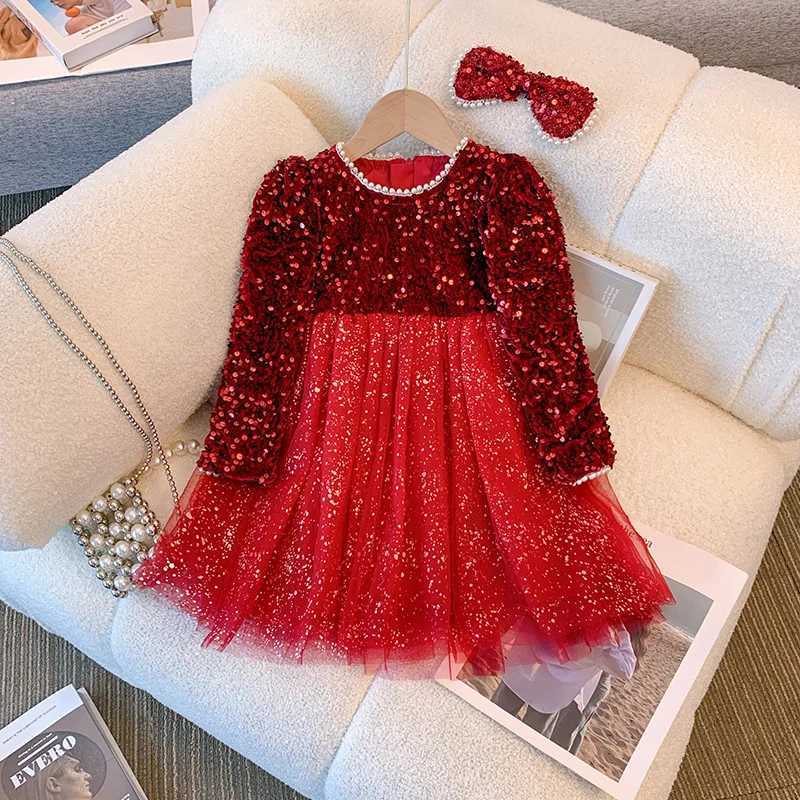 2024Girls Autumn and Winter Fleece-lined Princess Fashionable Sequins New Years Day Performance Costume Evening Dress C251104