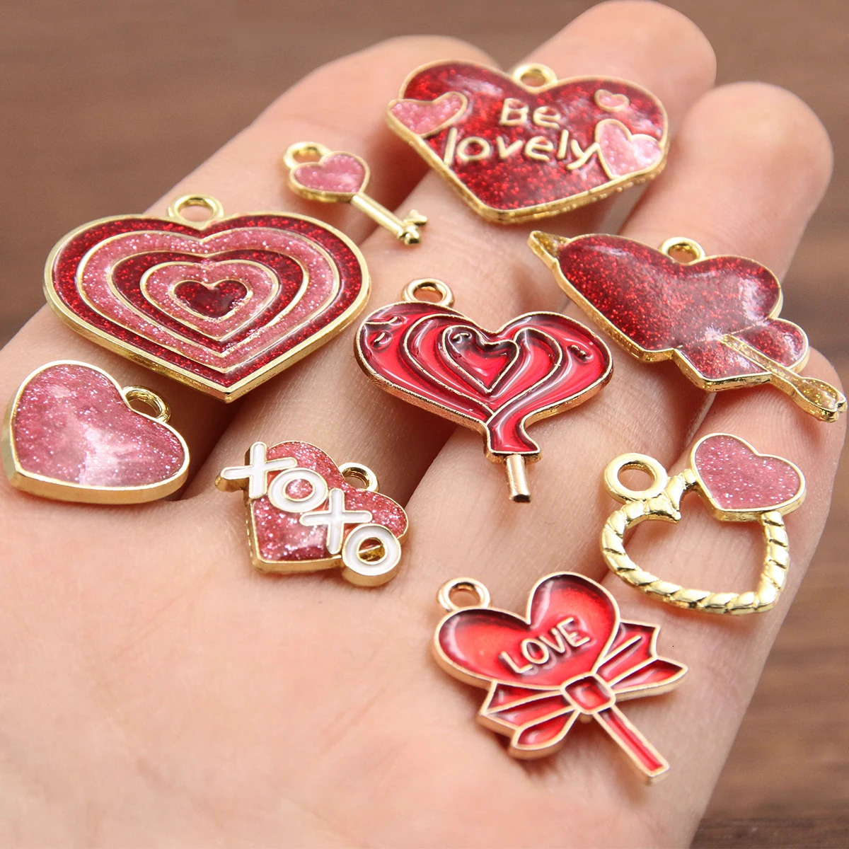10Pcs 21 Style Mixed Size Alloy Metal Drip Oil Valentines Day Charm Love Heart Pendant for Enamel DIY Bracelet Jewelry Making 250325
