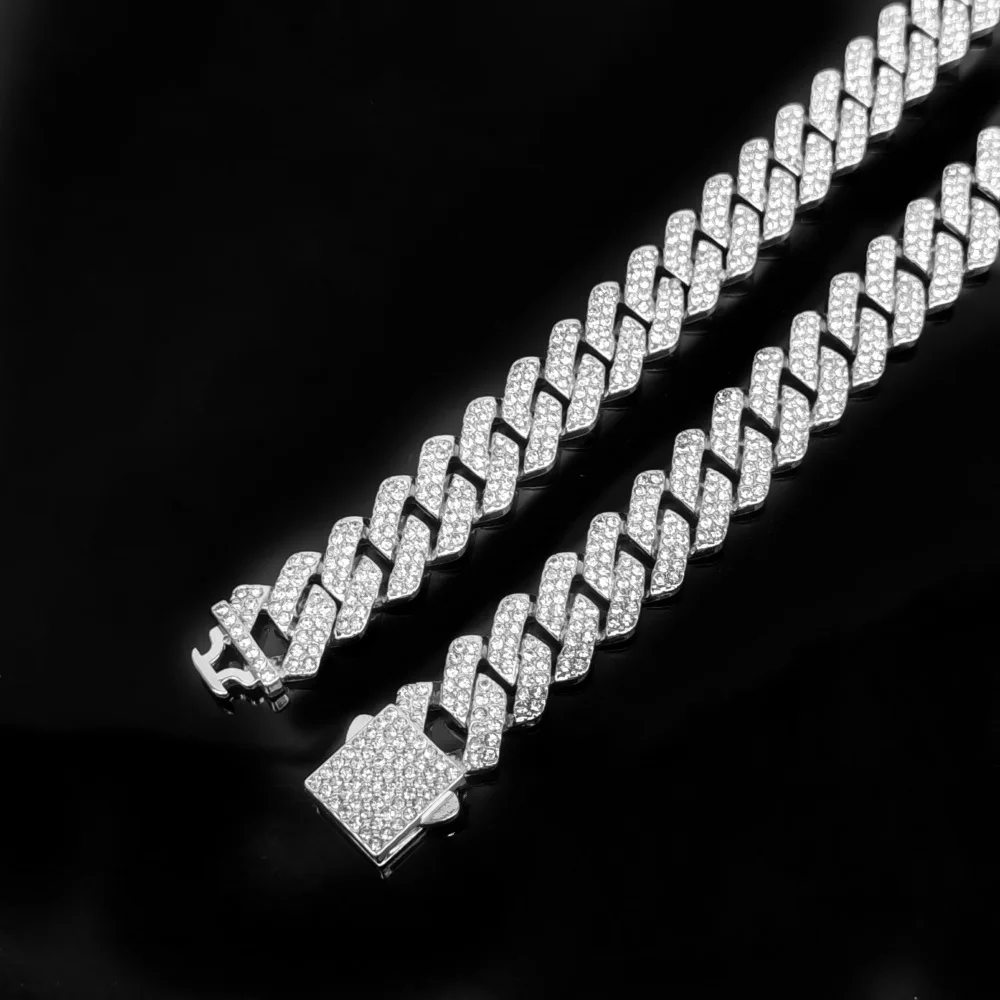 HipHop Men Women 14MM Prong Link Chain Necklace Bling Iced Out 2 Row Rhinestone Paved Miami Rhombus Cuban Bracelet Jewelry