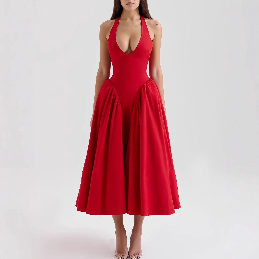 New 2025 Spring/Summer Collection Hanging Neck Splicing Solid Color Strap Dress for Slimming