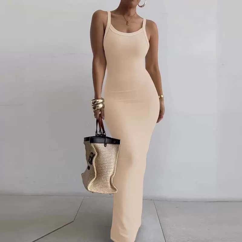 Casual Suspender Knitted Dress Women Slit Slim Design Long Dress Fashion Solid Color Strt Robe Dresses Vacation Wear 2024 New X2504031