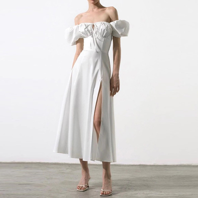 French dress for spring and summer of 2023 womens slimming commuter bubble sleeve lace-up slit long skirt