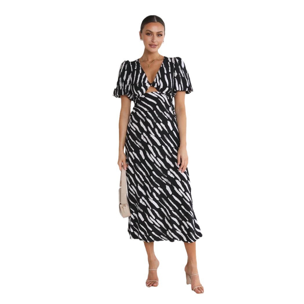 2025 new fresh and sweet style cross V-neck printed A-line skirt medium long lantern sleeve dress