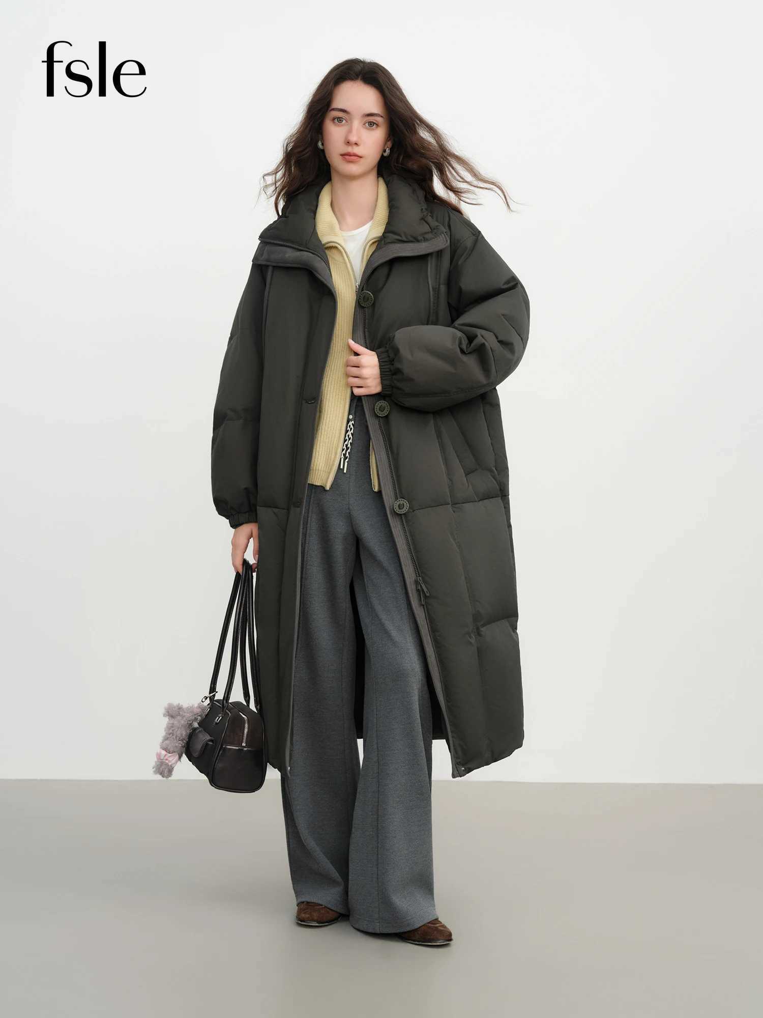 FSLE Winter Women Mid-Length Puffer Downcoat with Stand Collar Korean Style Slouchy Down Jacket Loose Fit Warm Soft Outerwear J251104