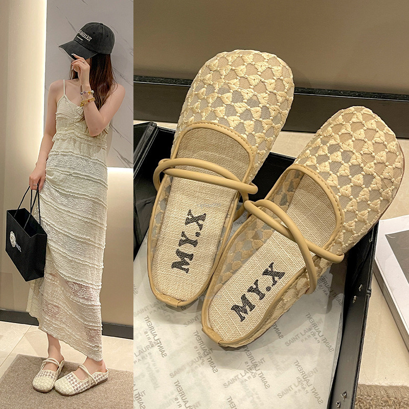 New Designer Sandals With Free Shipping Mesh Baotou Half Dragged Women's 2025 New Korean Edition One Word Casual Flat Outskirt Round Head Soft Bo
