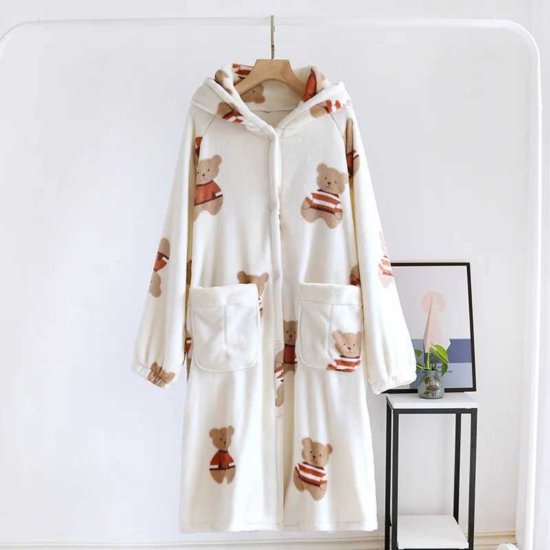 Couple Coral Fleece Hooded Nightgown Flannel Warm Cartoon Sleepwear Robe Loose Casual Home Dress Winter Thickened Loung Wear C251104