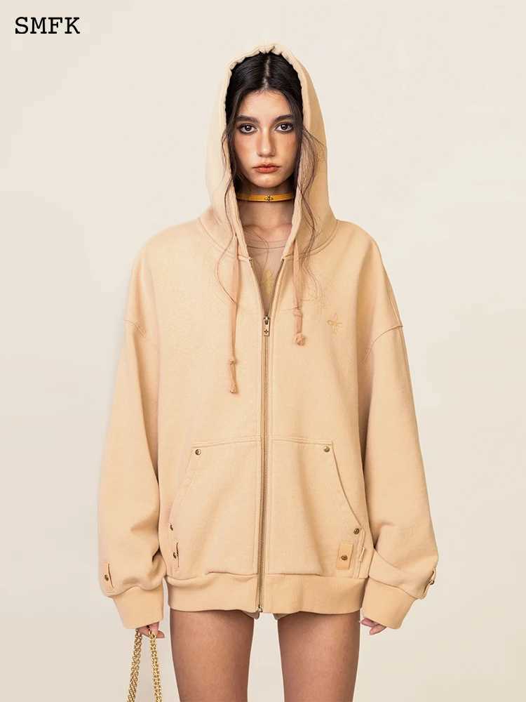 SMFK Cross Flower Hoodie Classic Zipper Metal Rivet Cardigan for Women Oversized Sports Jackets Autumn Winter Cotton Hooded Coat J251103